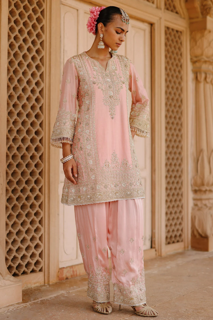 Elaya - Pink Short Kurta Set with Matching Salwar & Dupatta