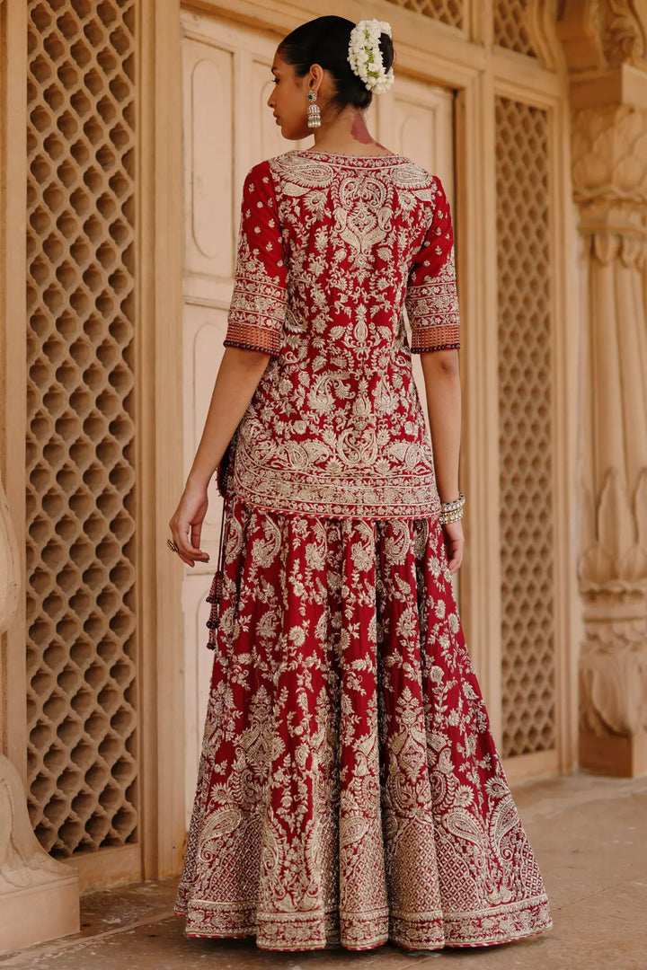 Merab - Deep Red Kurta Set with Lehenga & Dupatta