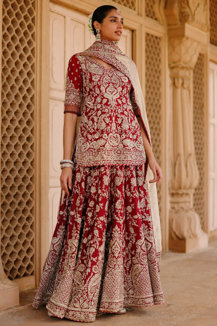 Merab - Deep Red Kurta Set with Lehenga & Dupatta