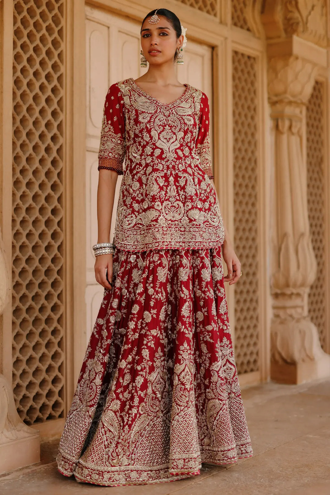 Merab - Deep Red Kurta Set with Lehenga & Dupatta