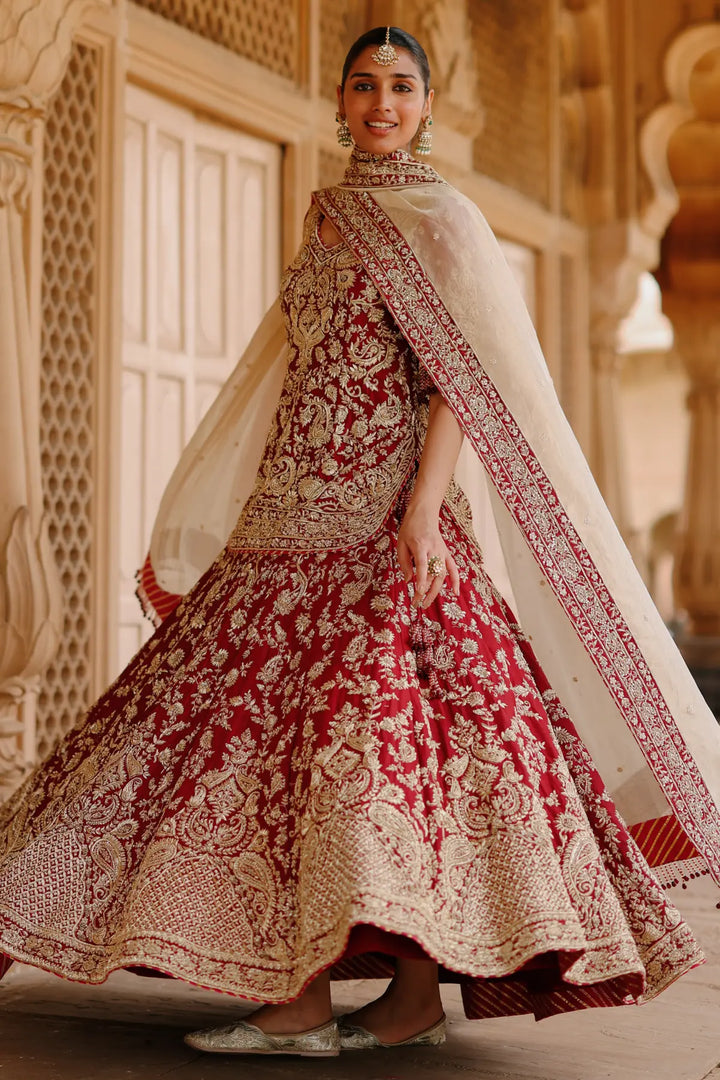 Merab - Deep Red Kurta Set with Lehenga & Dupatta