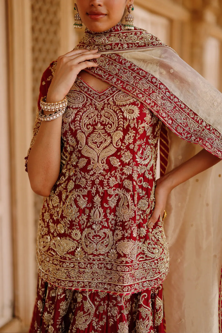 Merab - Deep Red Kurta Set with Lehenga & Dupatta
