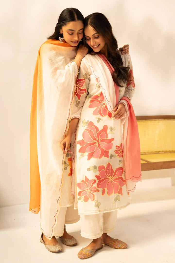 Zoya Mul Chanderi Kurta Set in Off-White