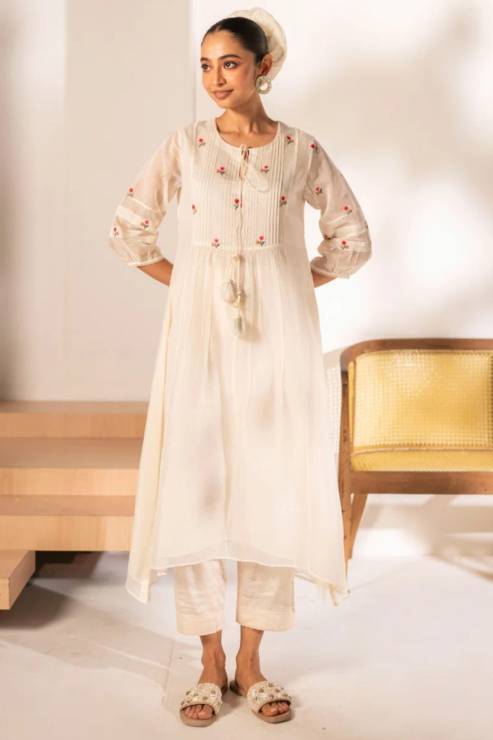 Zia Cross-Stitch Mul Chanderi Tunic Set in Off-White