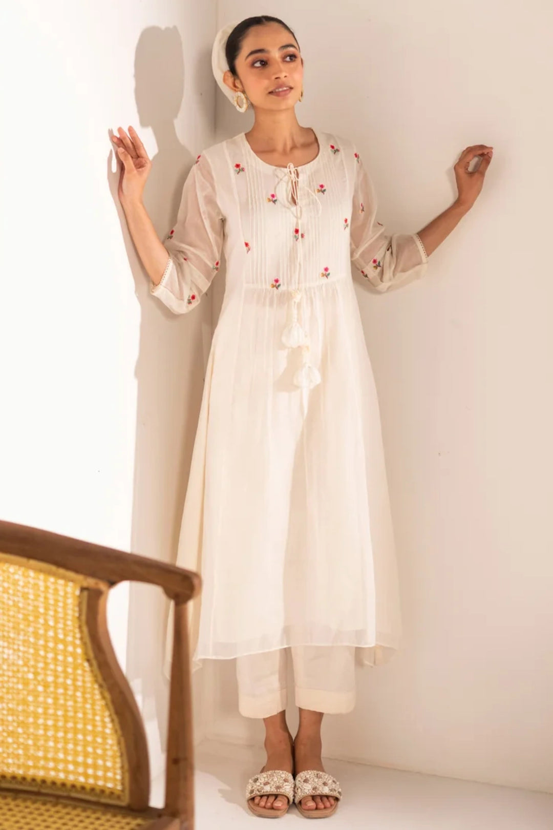 Zia Cross-Stitch Mul Chanderi Tunic Set in Off-White