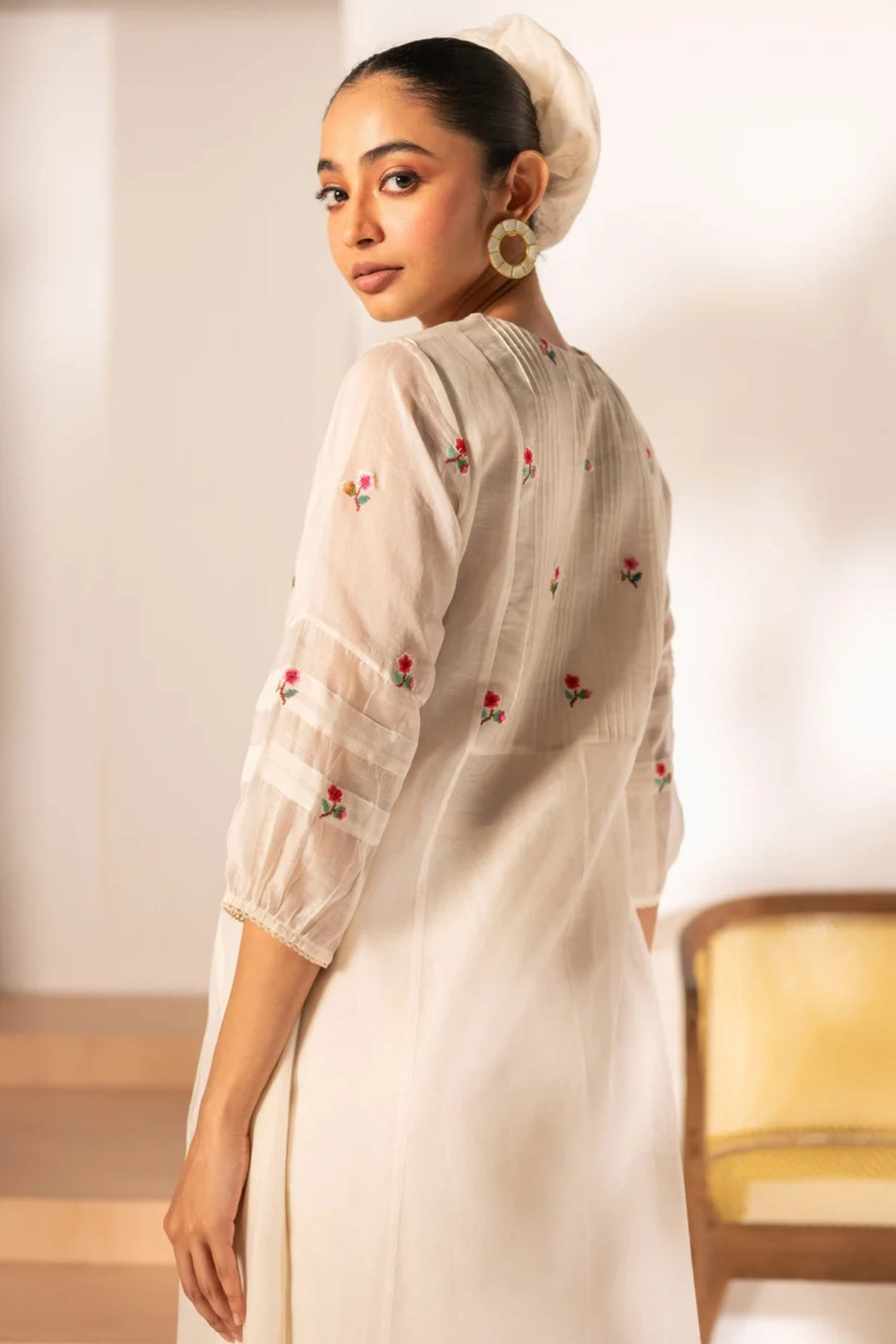 Zia Cross-Stitch Mul Chanderi Tunic Set in Off-White