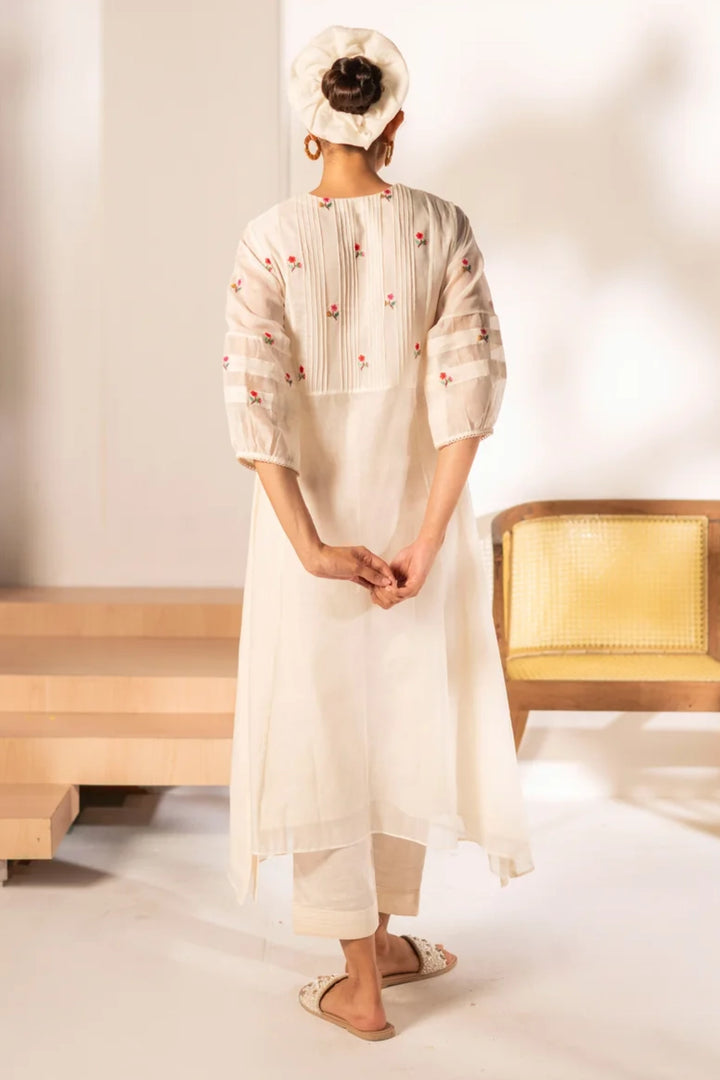 Zia Cross-Stitch Mul Chanderi Tunic Set in Off-White