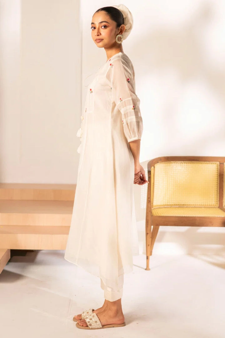 Zia Cross-Stitch Mul Chanderi Tunic Set in Off-White