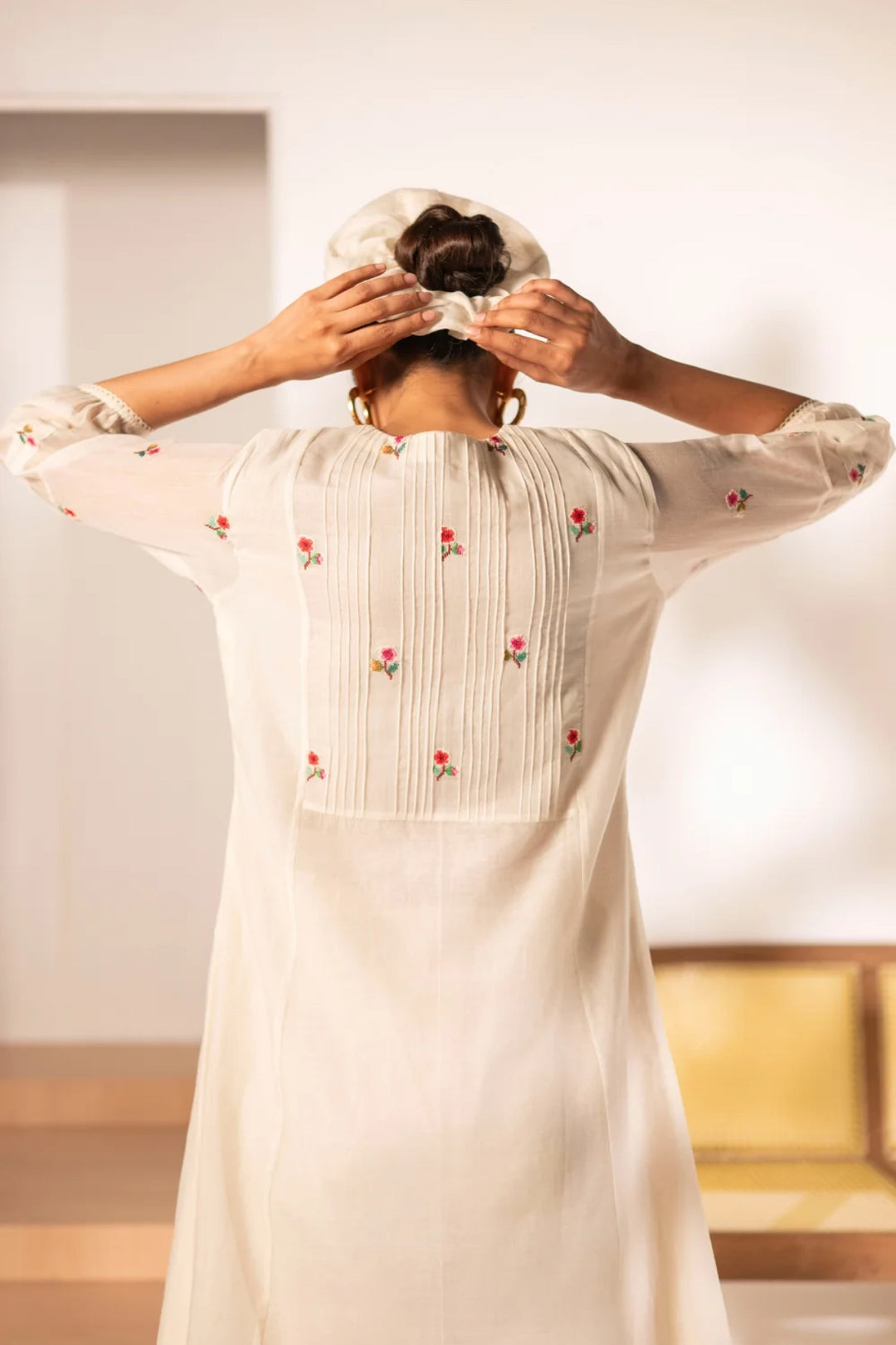 Zia Cross-Stitch Mul Chanderi Tunic Set in Off-White