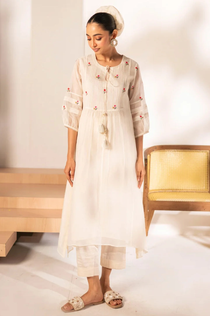 Zia Cross-Stitch Mul Chanderi Tunic Set in Off-White