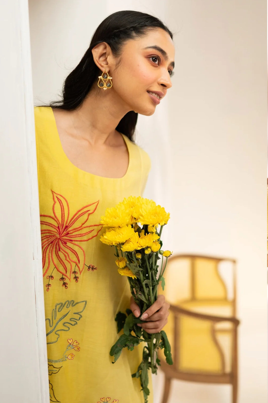 Zavi Mul Chanderi Tunic Set in Yellow