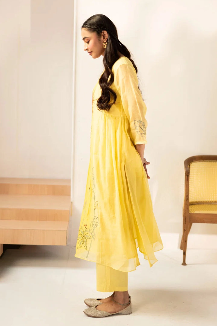 Zavi Mul Chanderi Tunic Set in Yellow