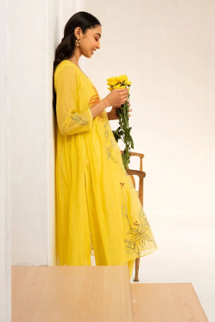 Zavi Mul Chanderi Tunic Set in Yellow