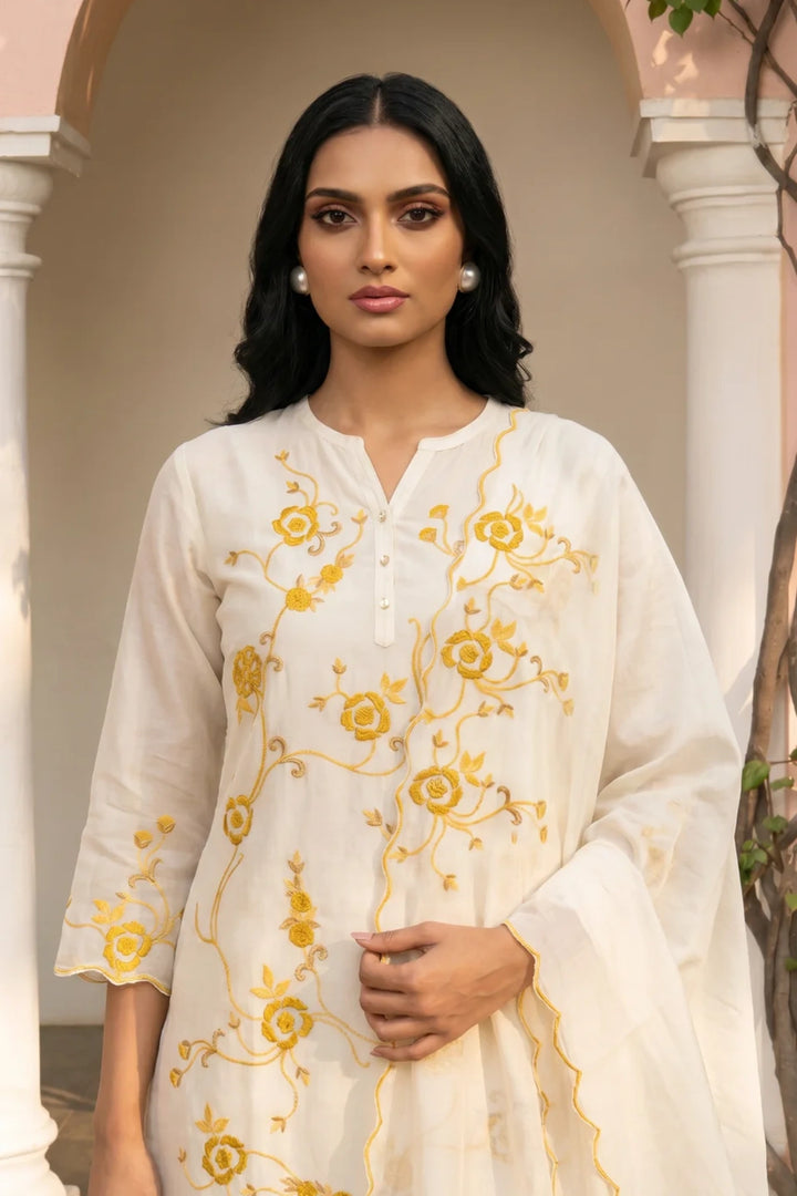 Ivory Thread Embroidered Kurta Set