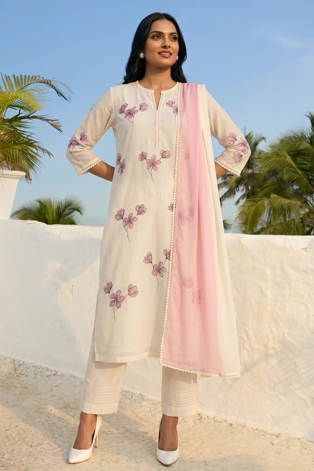 Ivory Hand Painted Floral Kurta Set