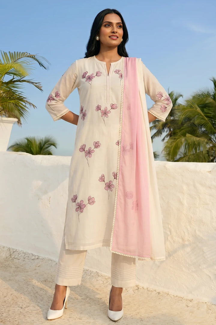Ivory Hand Painted Floral Kurta Set