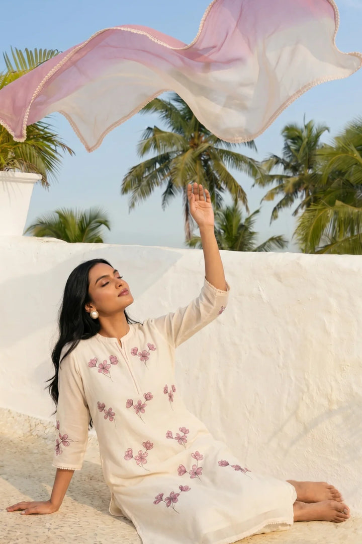 Ivory Hand Painted Floral Kurta Set