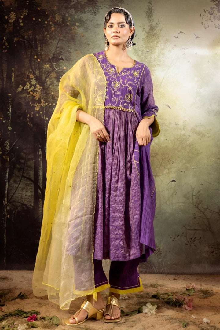 Purple Center Gathered A-line Kurta Set