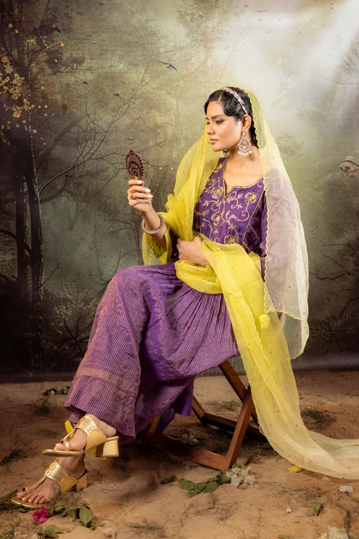 Purple Center Gathered A-line Kurta Set