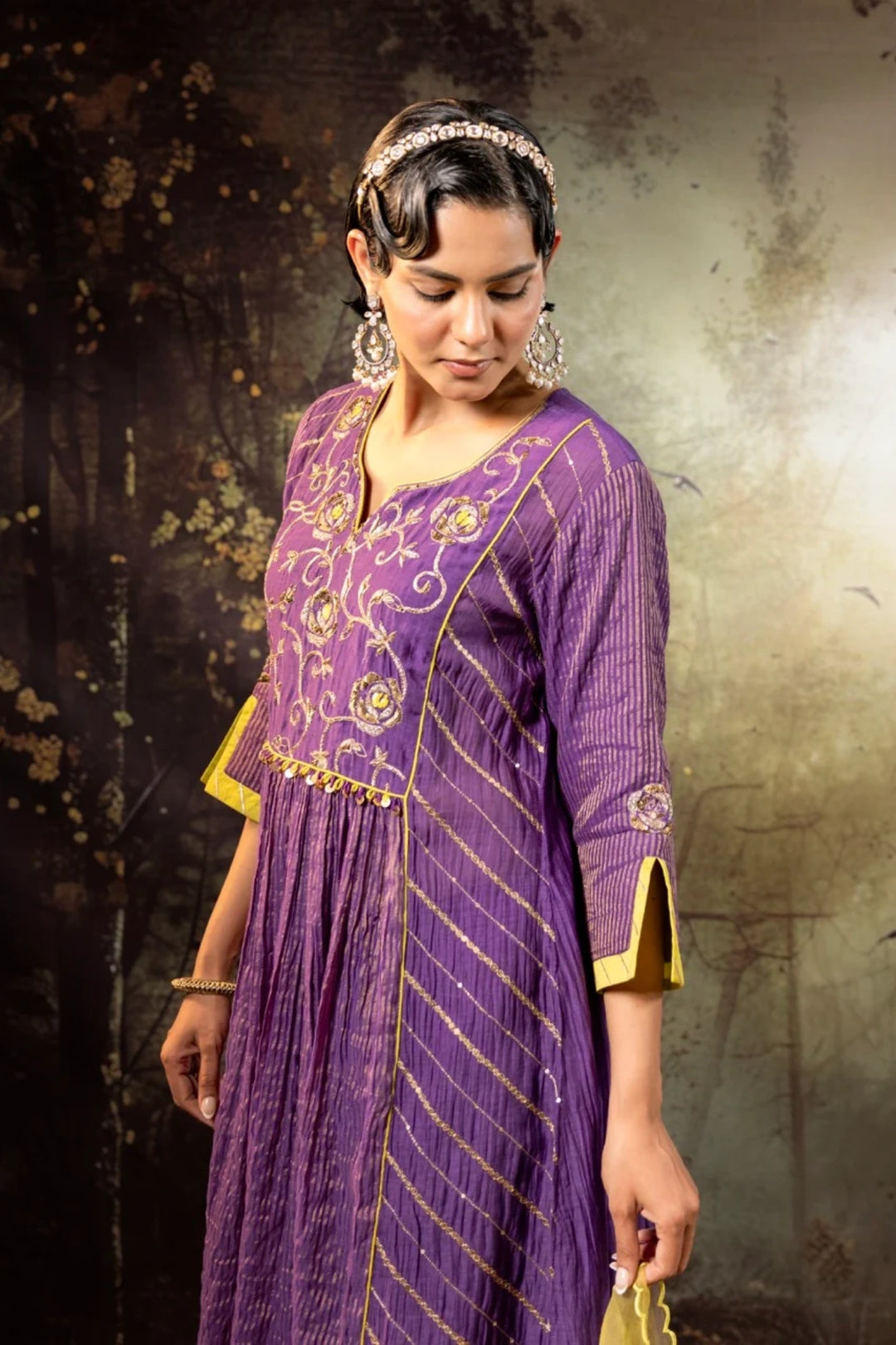 Purple Center Gathered A-line Kurta Set