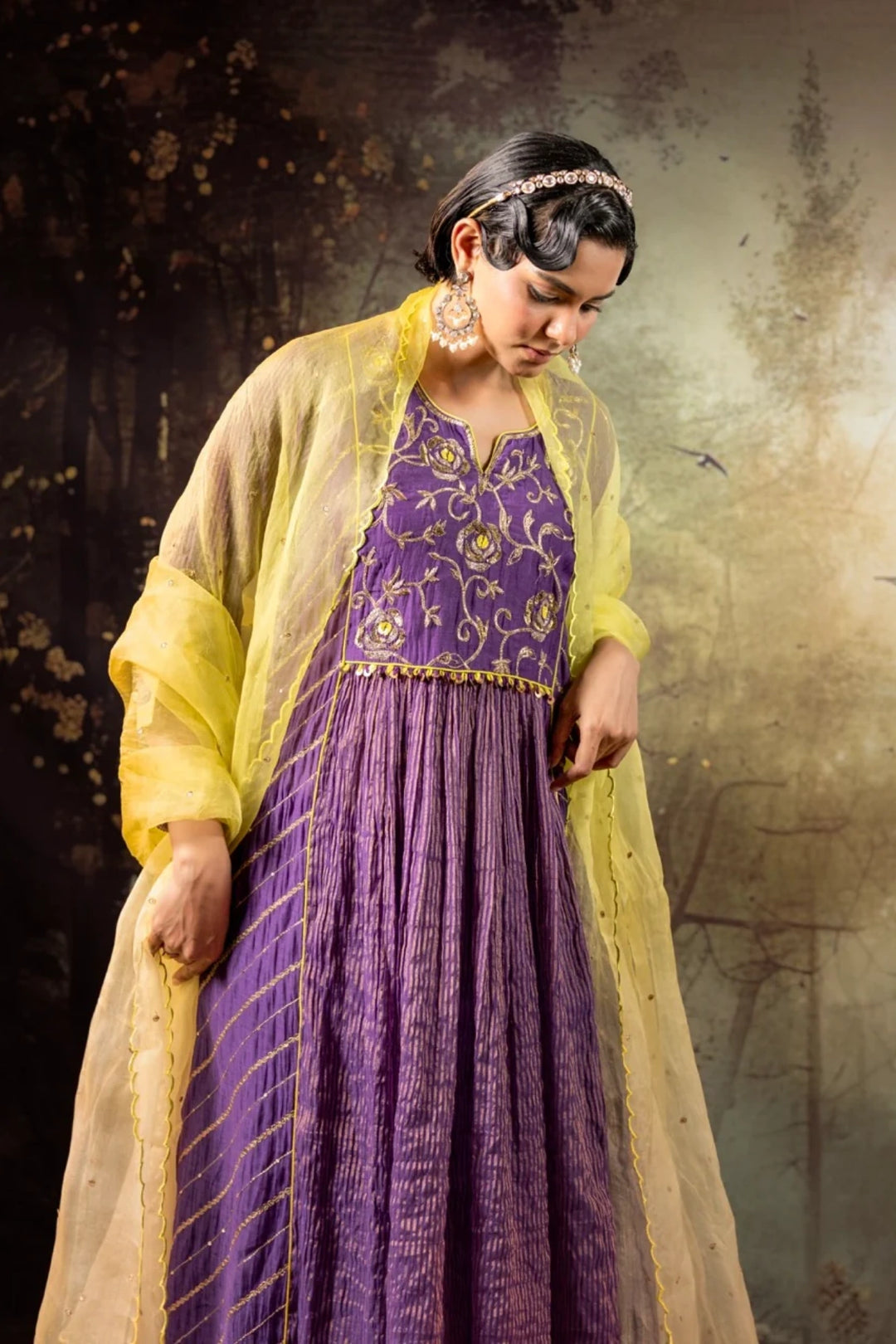 Purple Center Gathered A-line Kurta Set