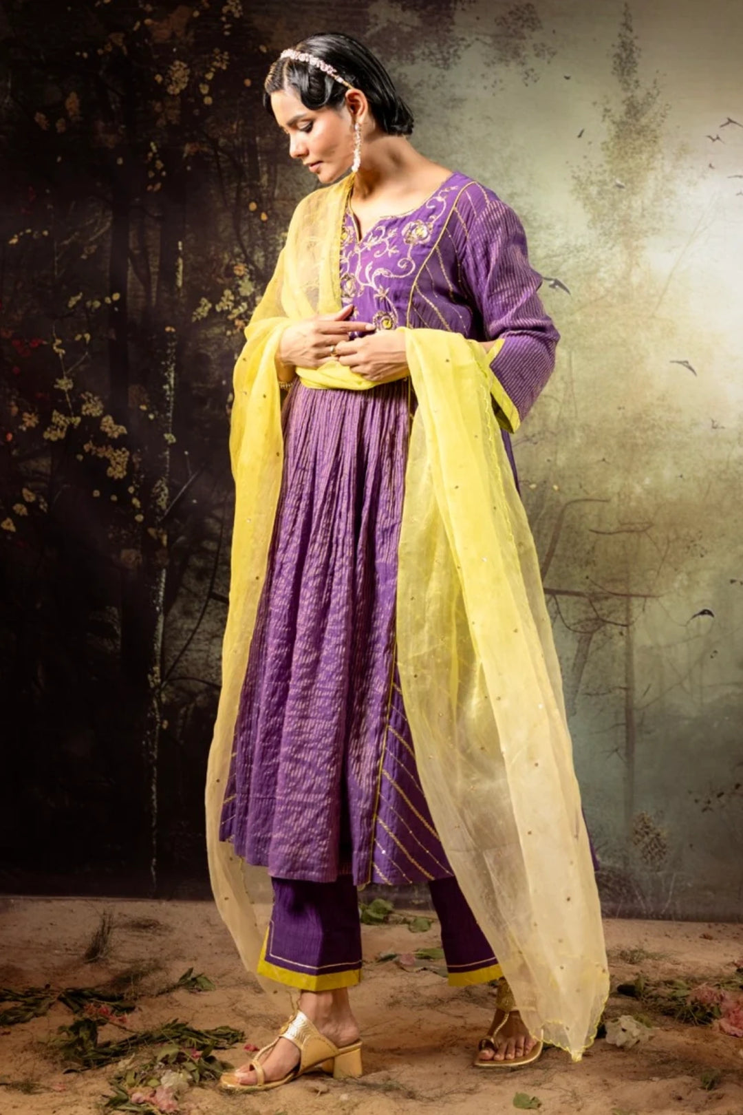 Purple Center Gathered A-line Kurta Set