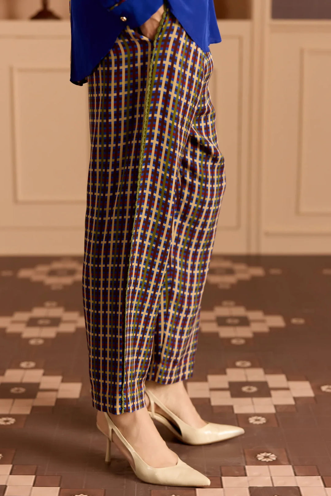 Blue Check Tapered Pants