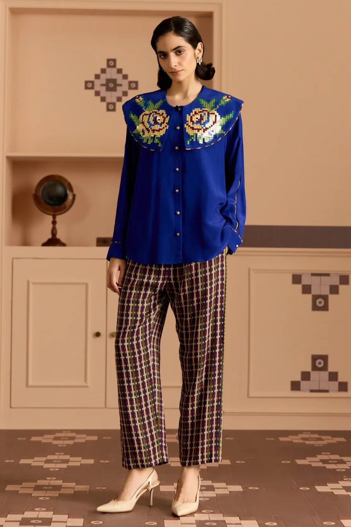 Blue Check Tapered Pants