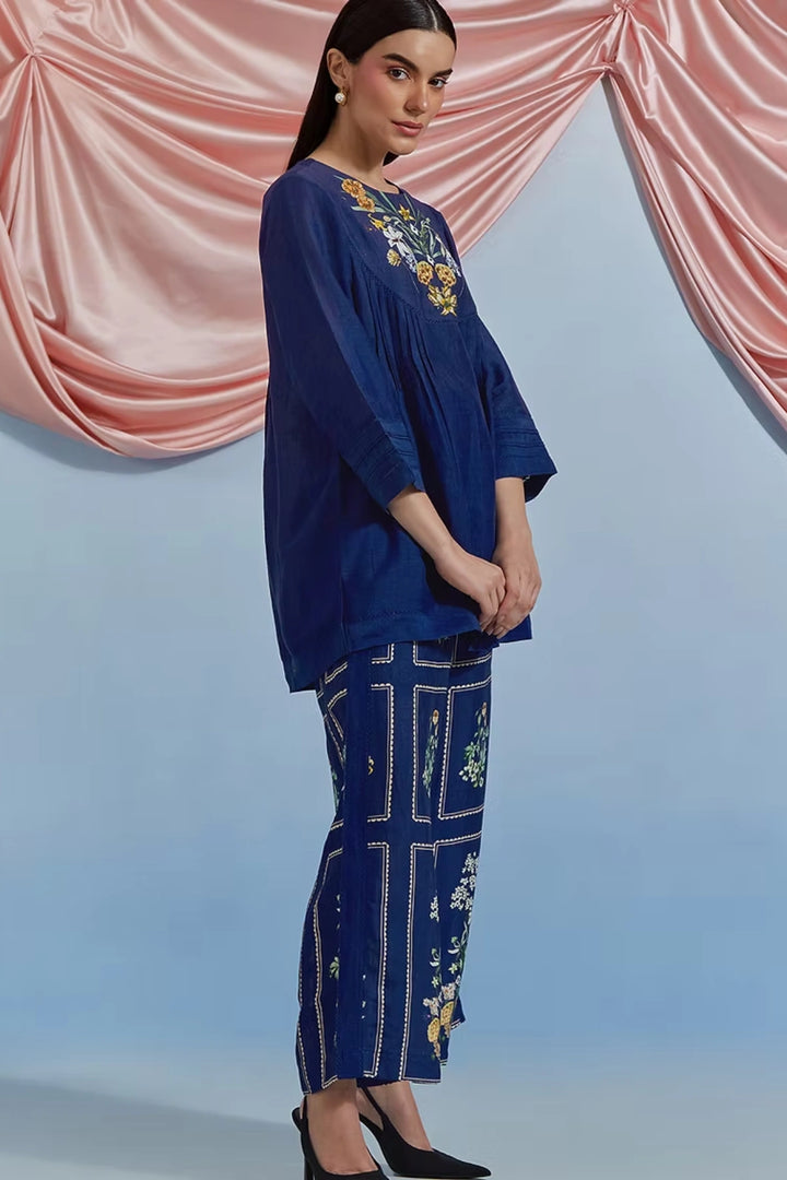 Bouquet pleated Top & Pant set - Airforce Blue