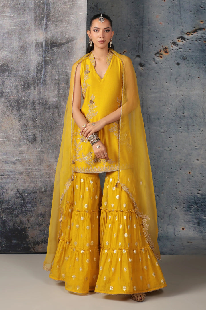 Mehrang Yellow Sleeveless Sharara Set
