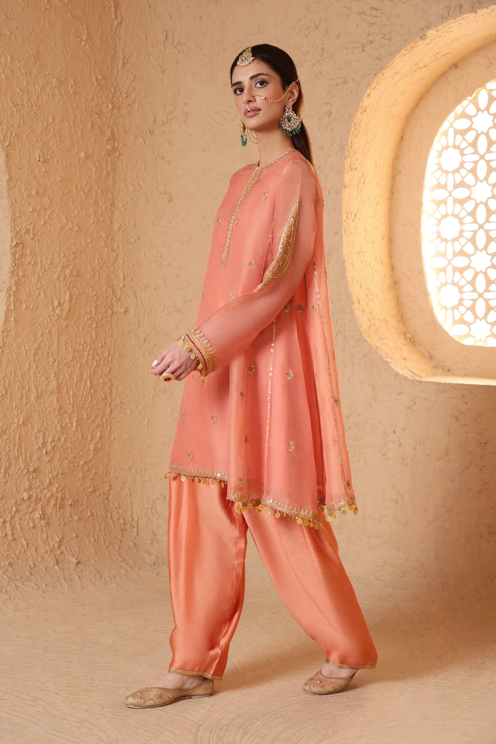 Mehrang Peach Short Pheran Kurta Set