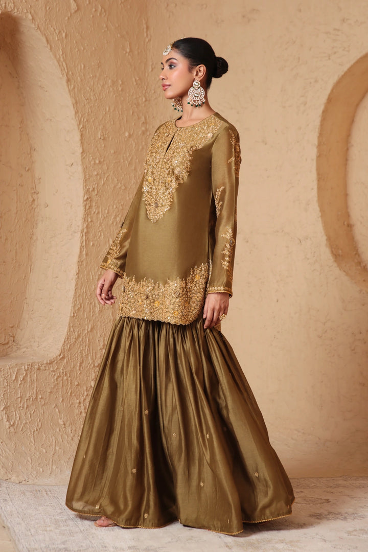 Mehrang Olive Green Heavy Sharara Set