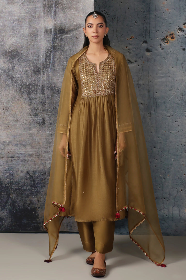 Mehrang Olive Green Frockstyle Kurta Set