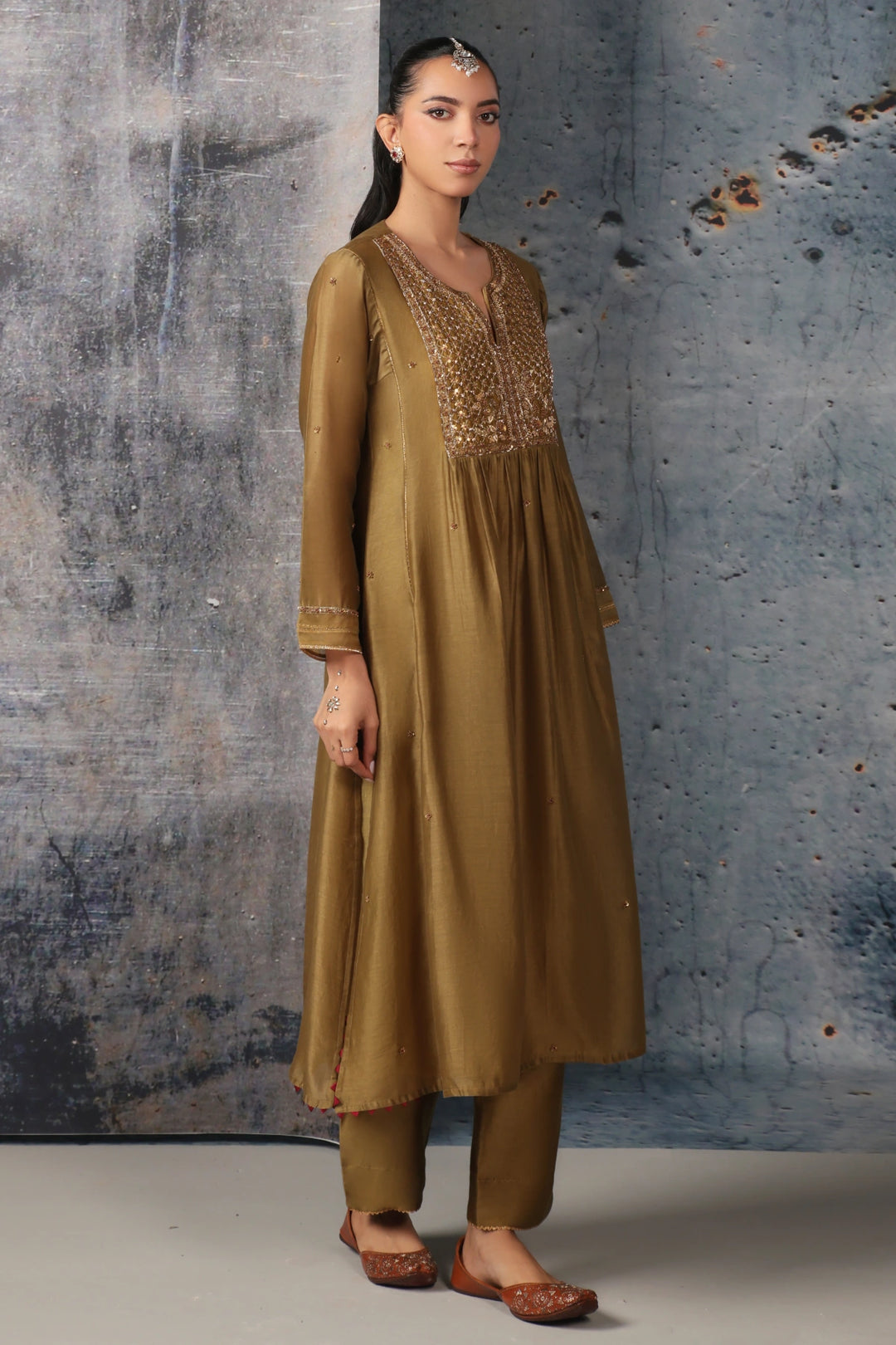 Mehrang Olive Green Frockstyle Kurta Set
