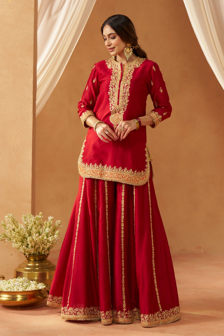 Fadiya Deep Red Kurta with Sharara and Dupatta