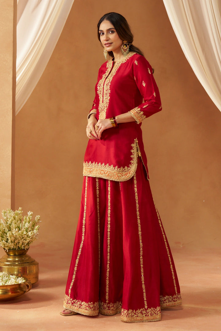 Fadiya Deep Red Kurta with Sharara and Dupatta