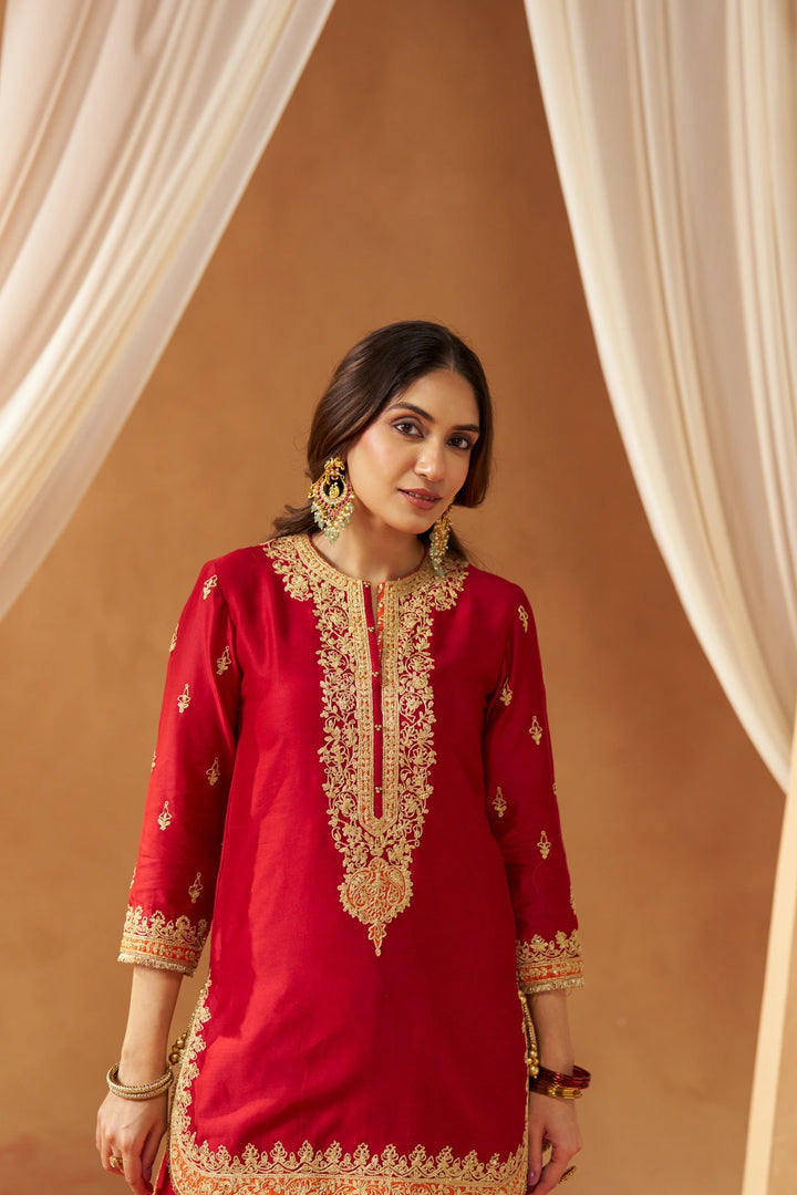 Fadiya Deep Red Kurta with Sharara and Dupatta