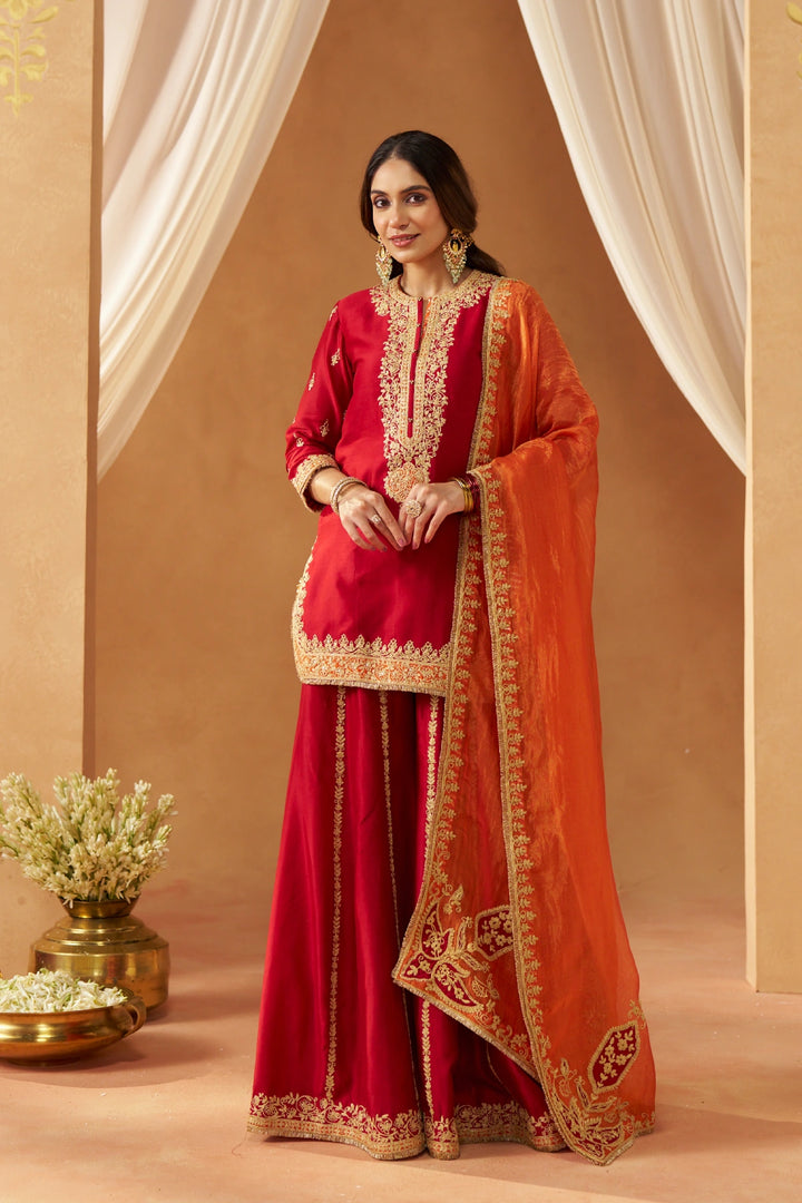 Fadiya Deep Red Kurta with Sharara and Dupatta