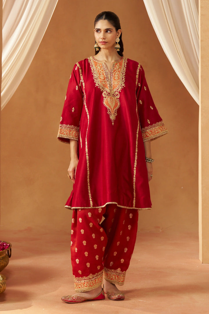 Maahgul Deep Red Kalidaar Chauga with Salwar with Dupatta