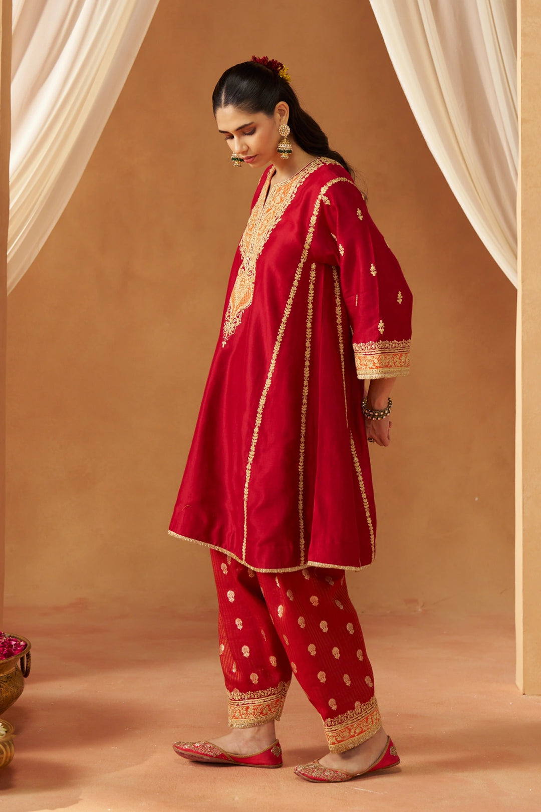Maahgul Deep Red Kalidaar Chauga with Salwar with Dupatta