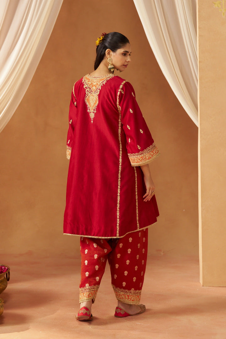 Maahgul Deep Red Kalidaar Chauga with Salwar with Dupatta