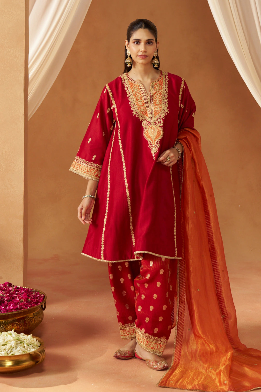Maahgul Deep Red Kalidaar Chauga with Salwar with Dupatta