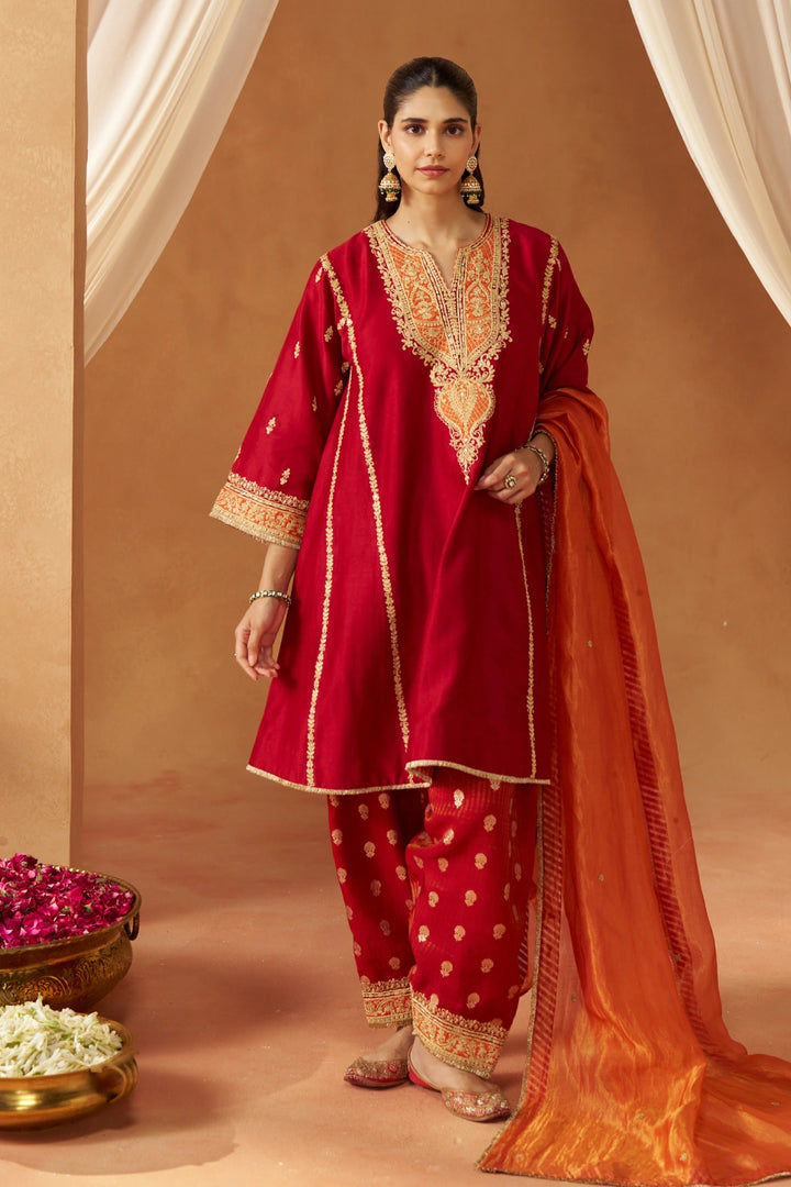 Maahgul Deep Red Kalidaar Chauga with Salwar with Dupatta