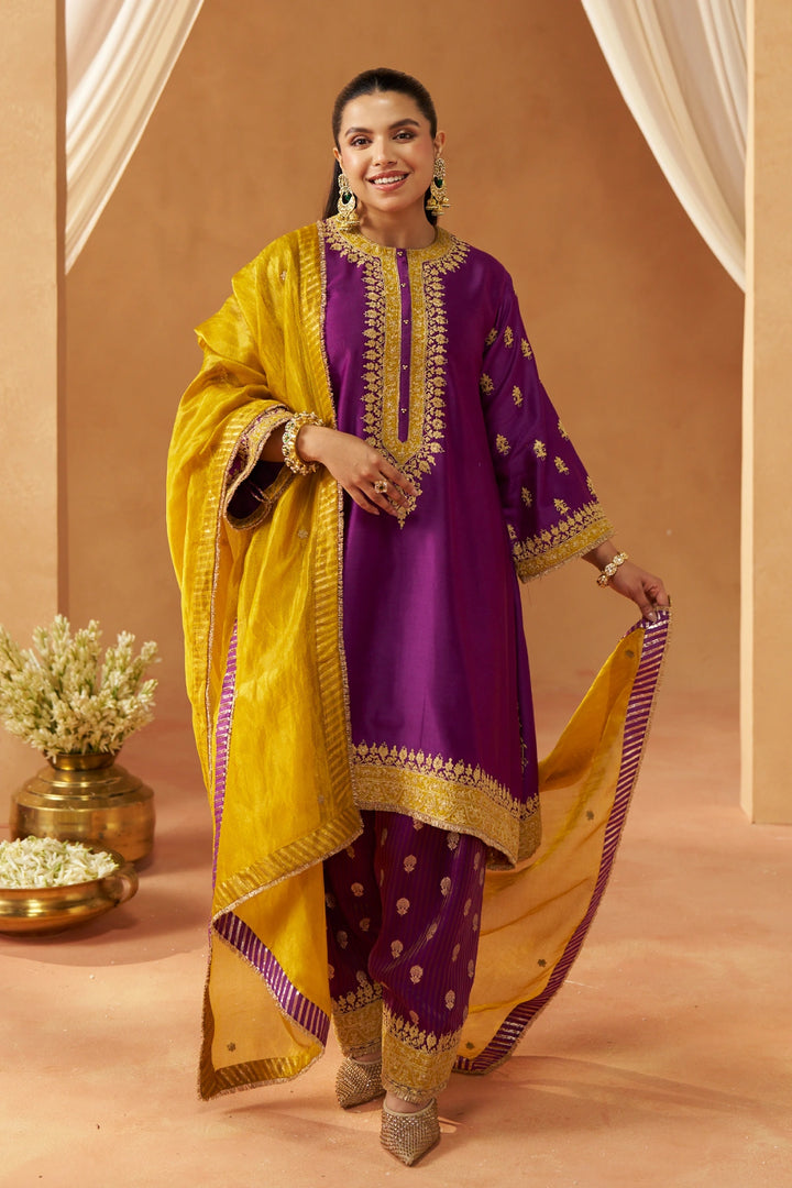 Zeenal Deep Purple A-Line Kaaftan with Salwar with Dupatta