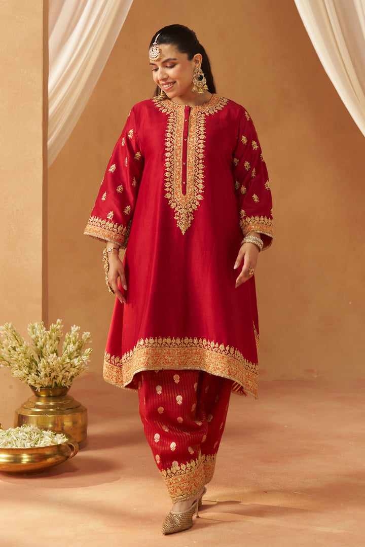 Zeenal Deep Red A-Line Kaaftan with Salwar with Dupatta