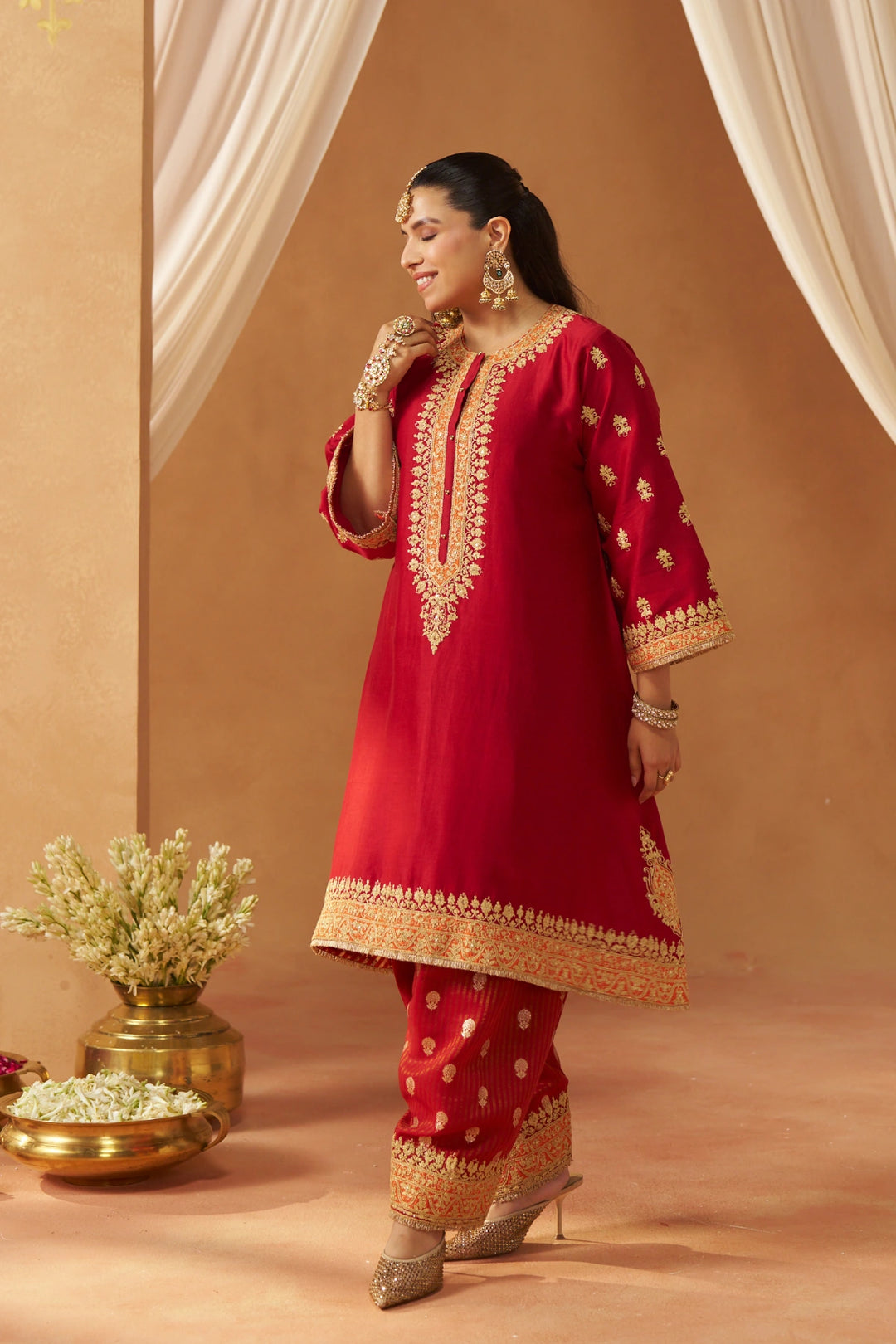 Zeenal Deep Red A-Line Kaaftan with Salwar with Dupatta