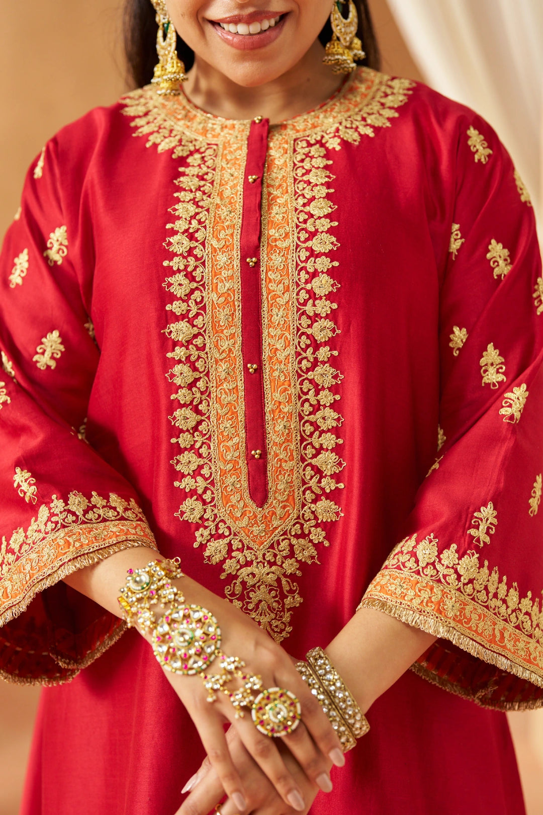 Zeenal Deep Red A-Line Kaaftan with Salwar with Dupatta