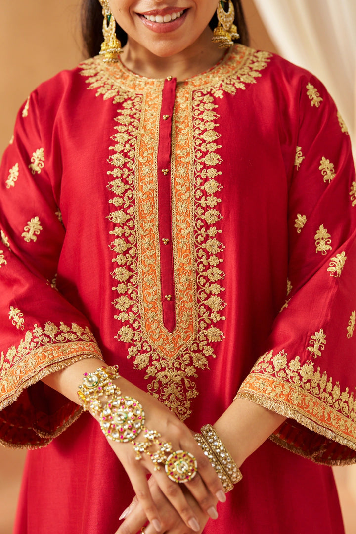 Zeenal Deep Red A-Line Kaaftan with Salwar with Dupatta
