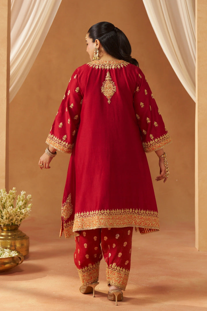 Zeenal Deep Red A-Line Kaaftan with Salwar with Dupatta