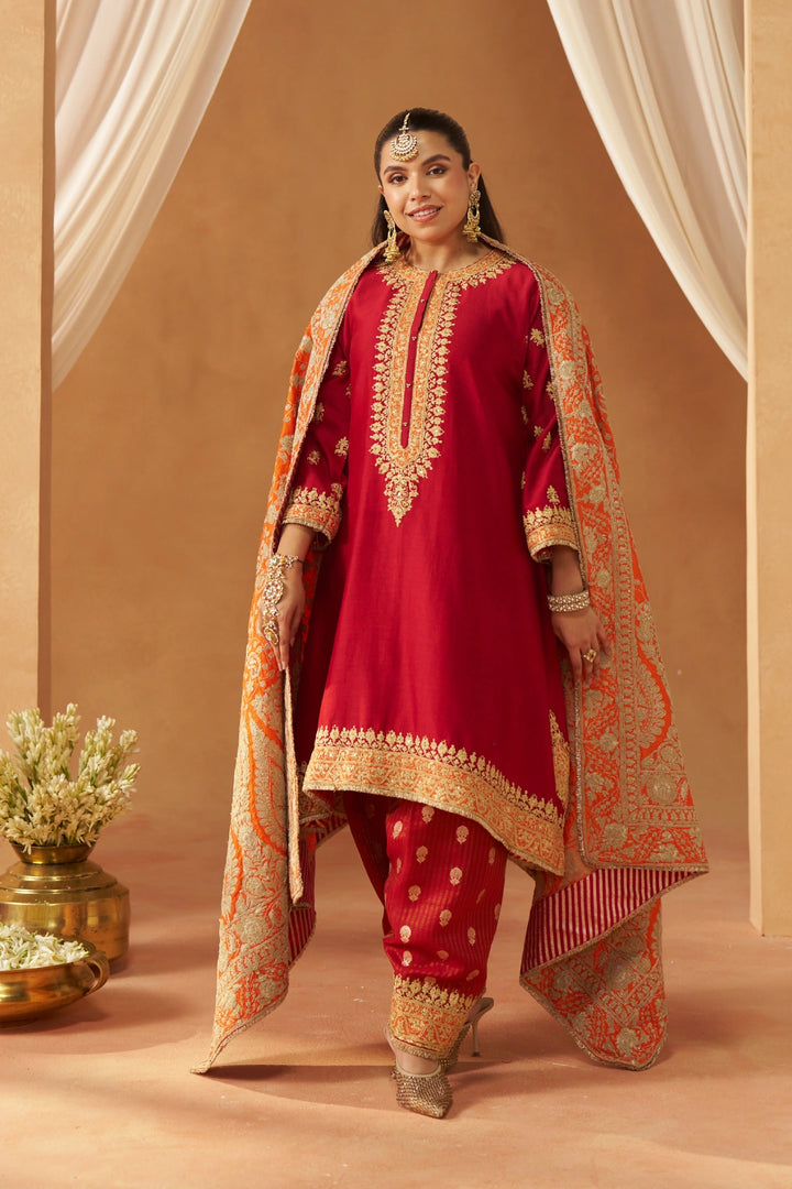 Zeenal Deep Red A-Line Kaaftan with Salwar with Dupatta